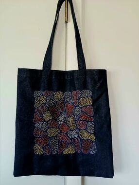 New Colorful Hand Embroidered Kantha Dark Blue Denim Tote Bag
